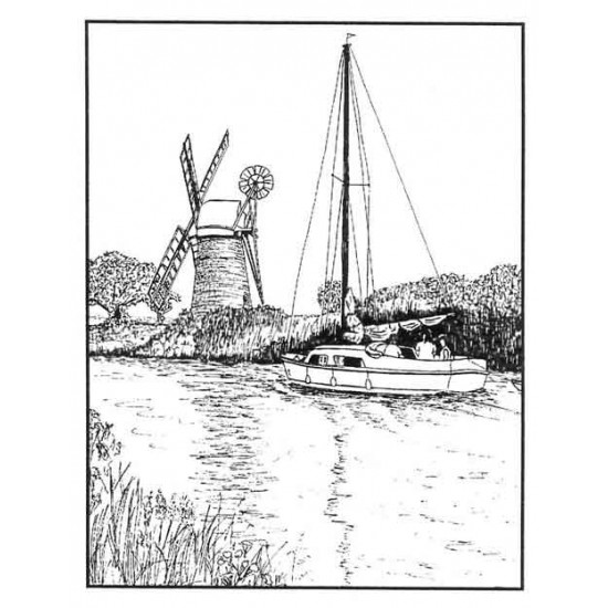 Windmill and Boat Rectangle Rubber Stamp